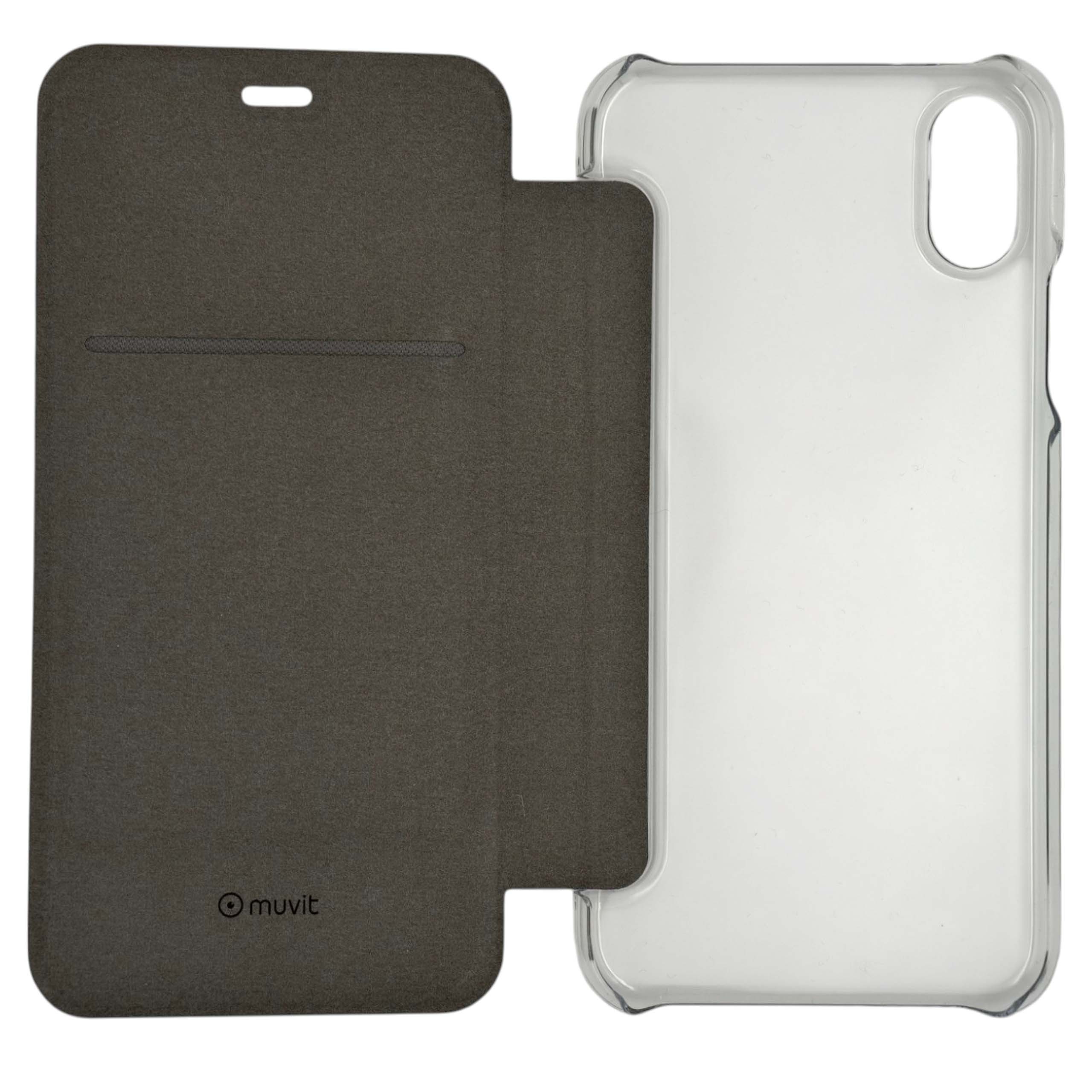 Etui Muvit Folio Case na telefonie iPhone X, ukazujące jego przezroczystość